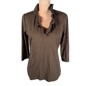 J McLaughlin Catalina Cloth Ruffle Neck Durham Top Geometric Print Brown Green L